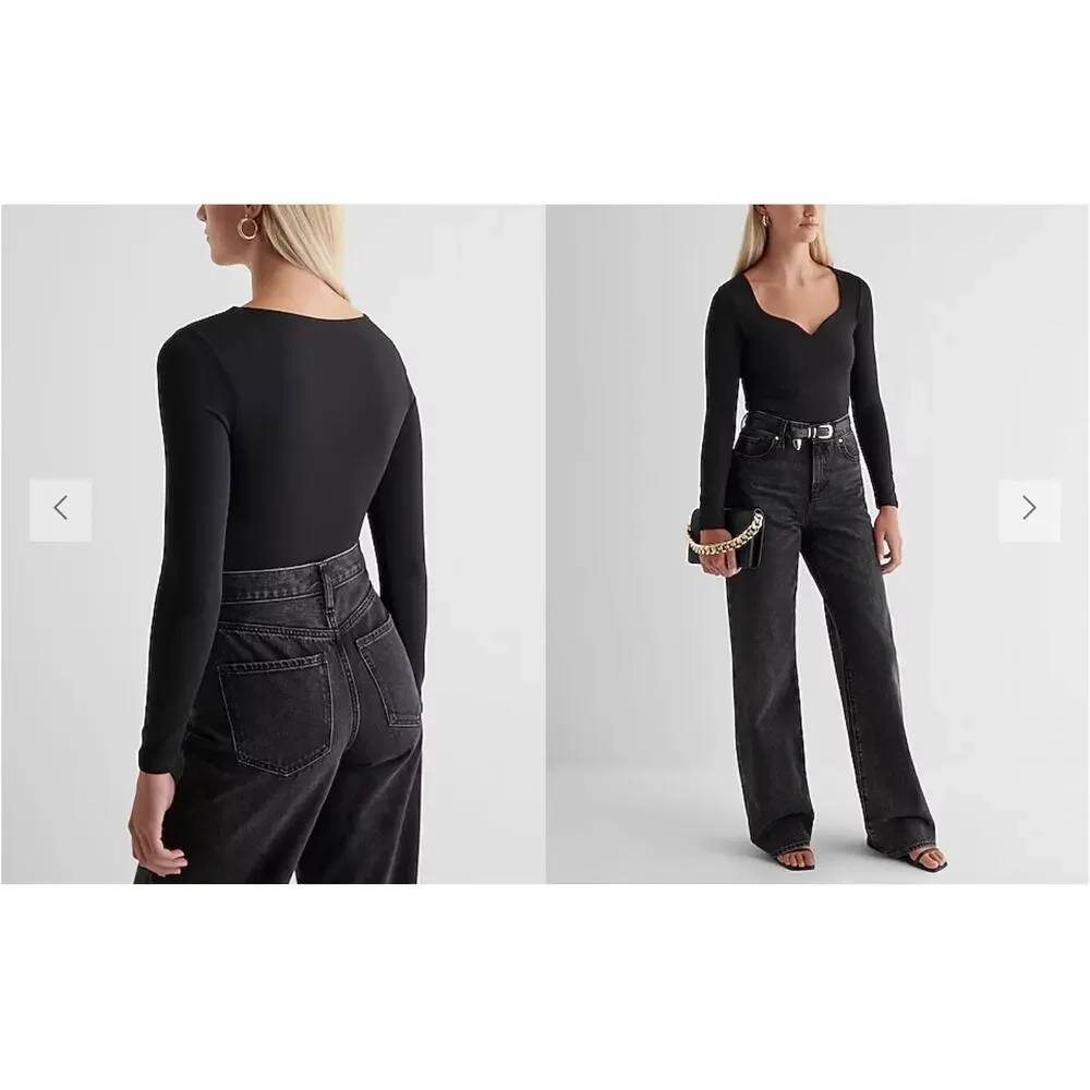 Express Body Contour Compression Sweetheart Neckline Bodysuit Blk longslv sz L - Picture 3 of 11